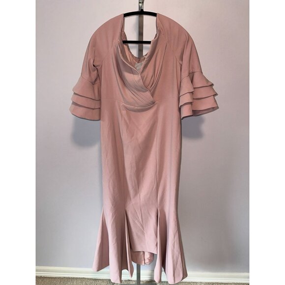 Fehaute Pink Ruffled Bell Sleeves V Neck Mermaid Maxi Dress Wedding Size  8 NWT - Picture 2 of 7